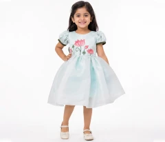 Hand Painted Lotus Organza Party Dress for Girls | Premium Kids Occasion Wear